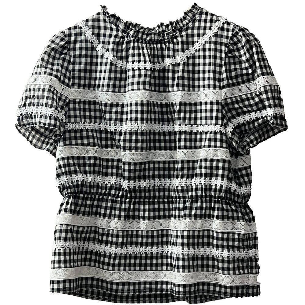 J.Crew Top M Gingham Plaid Daisy Chain Black White Cotton Shirt blouse lace